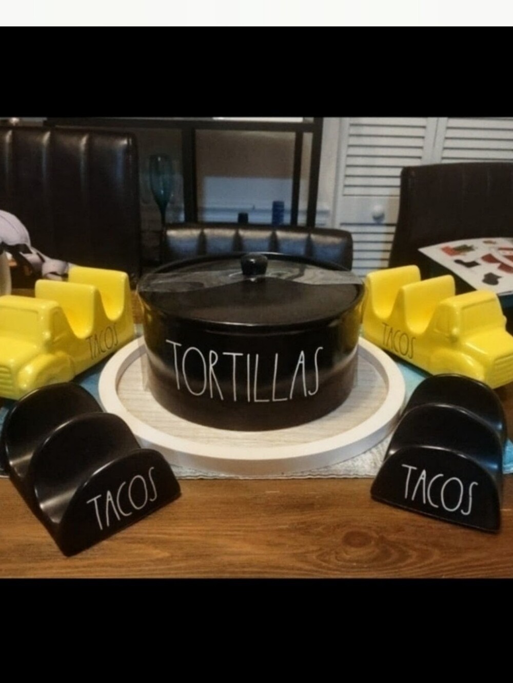 Rae Dunn 'TORTILLAS' Container with Lid & Taco Holder Sets Bundle (Yellow/black)